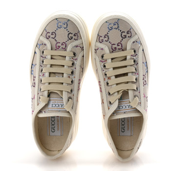 GUCCI Canvas Lame Crystal GG Monogram Womens 1977 Tennis Sneakers 37.5 Gardenia Silver Mystic White
