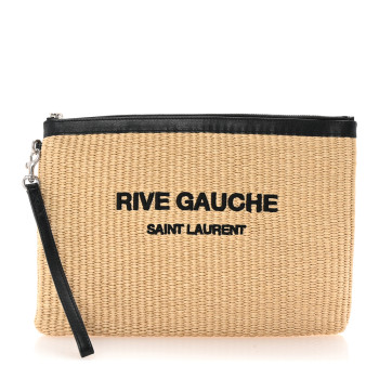 SAINT LAURENT Raffia Calfskin Rive Gauche Zipped Pouch Naturale Black