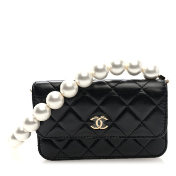 CHANEL Calfskin Quilted Maxi Pearls Clutch With Chain Black