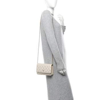 CHANEL Iridescent Lambskin Quilted Wallet On Chain WOC Ivory