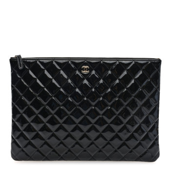 CHANEL Patent Calfskin Quilted Large Cosmetic Case Black