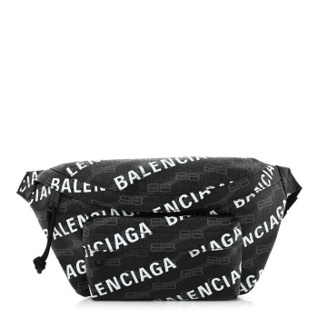 BALENCIAGA Coated Canvas BB Monogram Allover Logo Medium Signature Beltpack Black Grey White