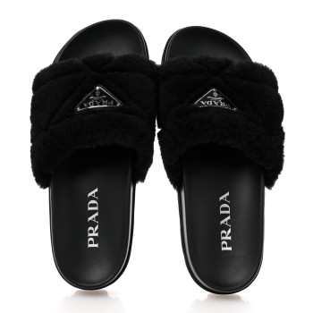 PRADA Shearling Metal Triangle Logo Lug Sole 20mm Slide Sandals 36.5 Black