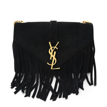 SAINT LAURENT Suede Fringe Small Monogram Satchel Black