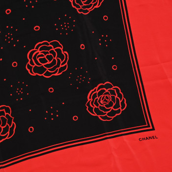 CHANEL Silk CC Camellia Scarf Black Red