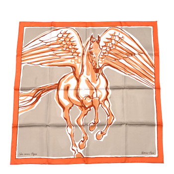 HERMES Silk Libre Comme Pegase Scarf 90 Orange Beige Fauve