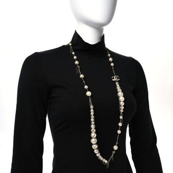 CHANEL Crystal Pearl Multi Strand Chain CC Long Necklace Silver