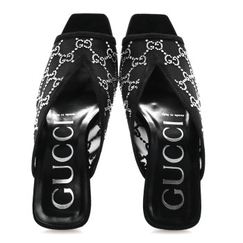 GUCCI Tela Retino Kid Scamosciato Crystal GG Monogram Square G 95mm Slide Sandals 37.5 Black