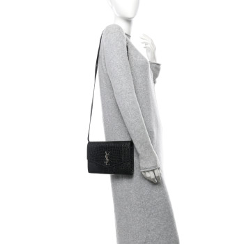 SAINT LAURENT Calfskin Crocodile Embossed Monogram Uptown Crossbody Black