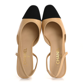 CHANEL Goatskin Grosgrain Cap Toe CC Slingback Pumps 38 Beige Black