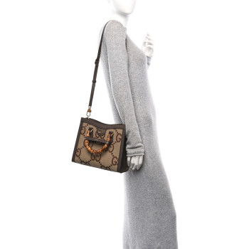 GUCCI Monogram Jumbo GG Textured Dollar Calfskin Small Diana Tote Bag Camel Ebony New Acero