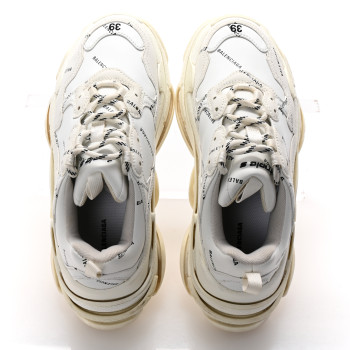 BALENCIAGA Technical Fabric Allover Logo Womens Triple S Sneakers 39 White Black