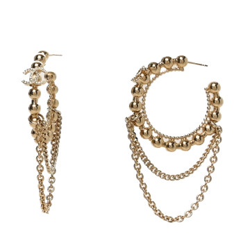 CHANEL Metal Crystal Bead Chain CC Hoop Earrings Gold