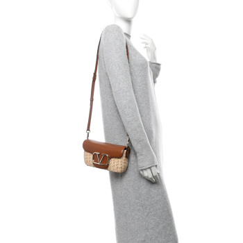 VALENTINO GARAVANI Wicker Calfskin Vlogo Small Loco Shoulder Bag Natural