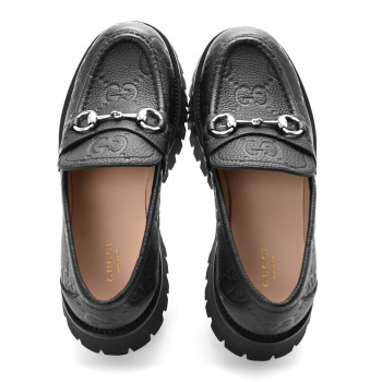 GUCCI Piuma Calfskin Embossed Womens Platform Lug Sole Loafers 40 Black