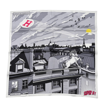 HERMES Silk Minuit Au Faubourg Scarf 70 White Gris Black