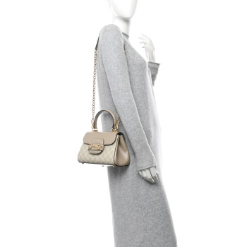 GUCCI GG Supreme Monogram Azalea Calfskin Mini Horsebit 1955 Top Handle Flap Bag Beige Mystic White Oatmeal