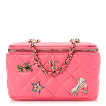 CHANEL Lambskin Enamel Quilted Roller Skate Small Vanity Case With Chain Pink