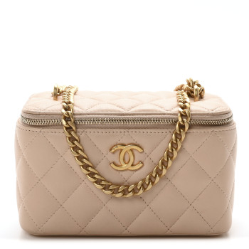 CHANEL Lambskin Quilted Sweet Camellia Small Vanity Case With Chain Pink