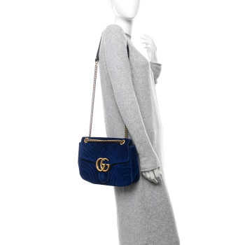 GUCCI Velvet Matelasse Medium GG Marmont Shoulder Bag Cobalt Blue