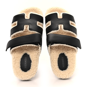HERMES Calfskin Woolskin Womens Chypre Sandals 38 Black Ecru