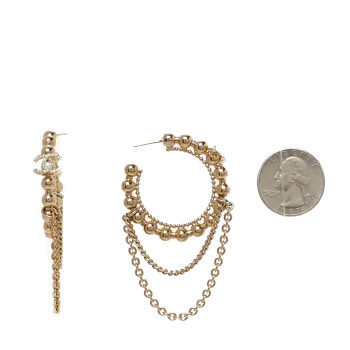 CHANEL Metal Crystal Bead Chain CC Hoop Earrings Gold