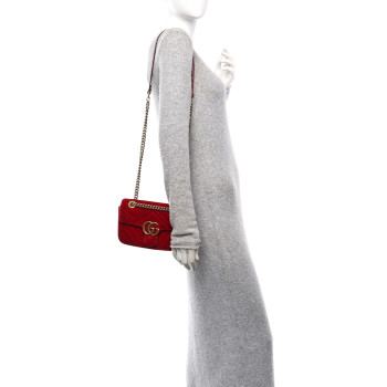 GUCCI Velvet Matelasse Mini GG Marmont Shoulder Bag Hibiscus Red