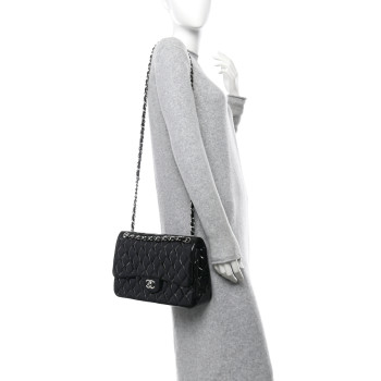 CHANEL Patent Quilted Jumbo Double Flap Black