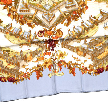 HERMES Silk Au Pays de Cocagne Scarf 90 Ciel White Ocre Orange