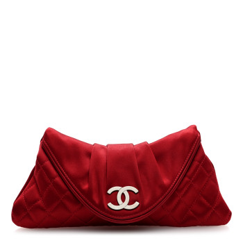 CHANEL Satin Quilted Half Moon Clutch Red