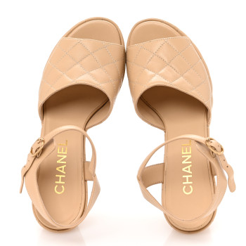 CHANEL Lambskin Quilted Peep Toe Wedge Sandals 38 Beige