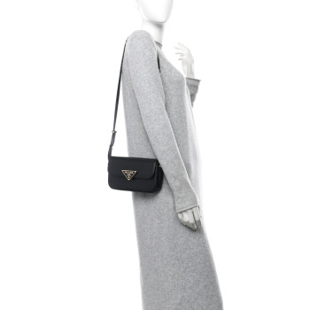 PRADA Soft Calfskin Metal Triangle Logo Flap Shoulder Bag Black
