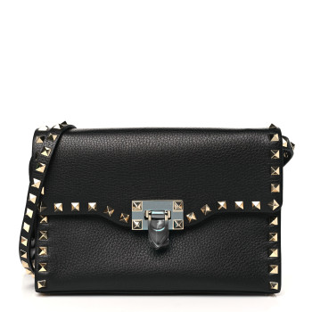 VALENTINO GARAVANI Pebbled Calfskin Medium Rockstud Flip Lock Crossbody Bag Black