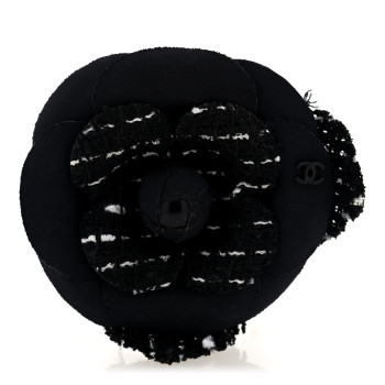CHANEL Tweed Fabric Camellia Pin Brooch Black