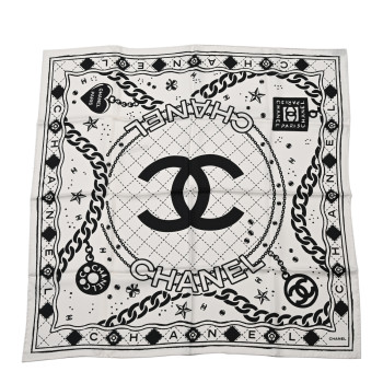 CHANEL Silk CC Square Scarf Black Ecru