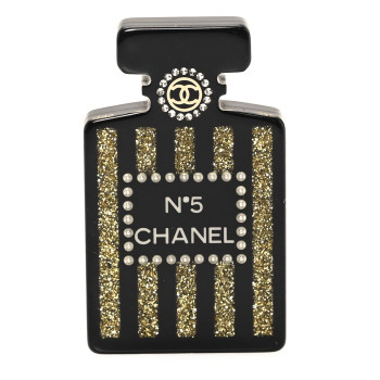 CHANEL Resin Strass Perfume Bottle CC Brooch Black Gold