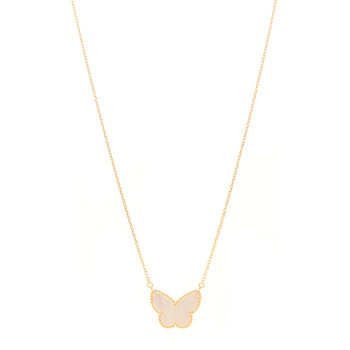 VAN CLEEF & ARPELS 18K Yellow Gold Mother of Pearl Lucky Alhambra Butterfly Pendant Necklace