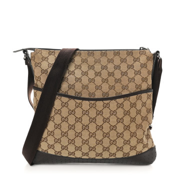 GUCCI Monogram Calfskin Perforated Medium Flat Messenger Bag Dark Brown
