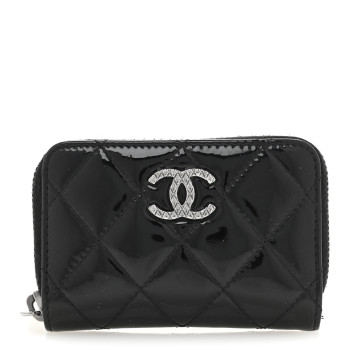 CHANEL Patent Calfskin Quilted Brilliant Zip Coin Purse Wallet Black