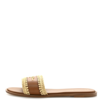 CHRISTIAN DIOR Calfskin Raffia Dioriviera D-Lane Flat Slide Sandals 38 Camel