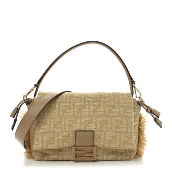 FENDI Fabric Jacquard Raffia Straw Fringe Medium Mamma Baguette Beige
