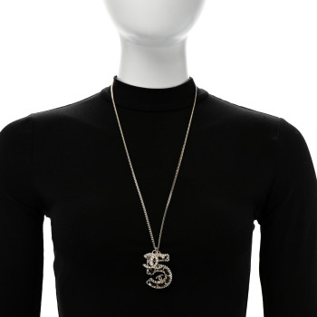 CHANEL Lambskin Crystal CC Number 5 Pendant Necklace Gold Black