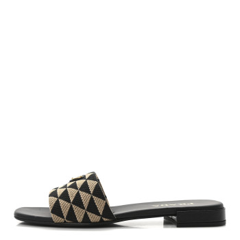 PRADA Jacquard Trianglolo Symbole Embroidered Triangle 10mm Slide Sandals 40 Black Corda