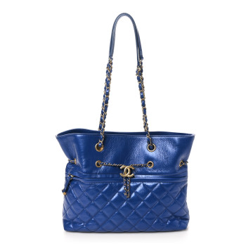 CHANEL Metallic Aged Calfskin Quilted Drawstring Shopping Tote Blue