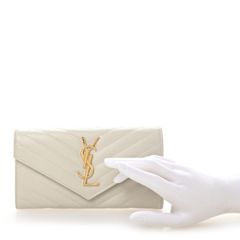 SAINT LAURENT Grain De Poudre Matelasse Chevron Monogram Flap Wallet Crema Soft