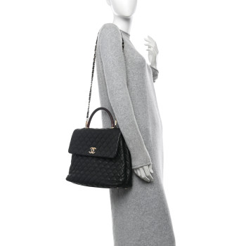 CHANEL Caviar Lizard Quilted Large Coco Handle Flap Black