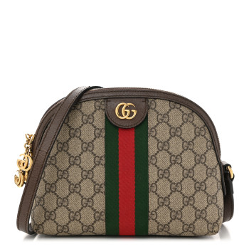 GUCCI GG Supreme Monogram Textured Dollar Calfskin Web Small Ophidia Dome Shoulder Bag Beige Ebony New Acero