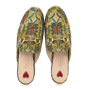 GUCCI Iridescent Brocade Womens Princetown Slippers 36 Gold Multicolor