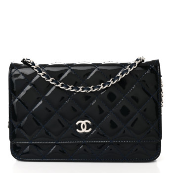 CHANEL Patent Quilted Wallet On Chain WOC Blue
