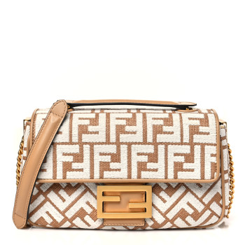 FENDI Raffia Chenille Vitello FF Midi Chain Baguette Naturale White